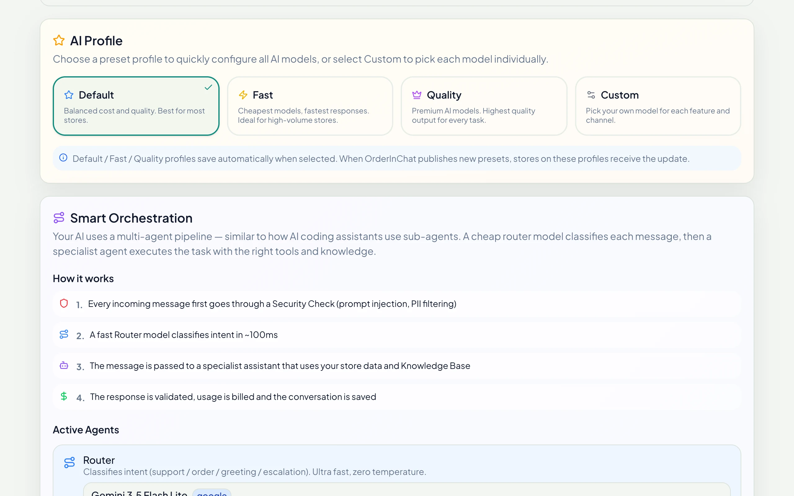 AI profile: Default, Fast, Quality or Custom, with a model per section