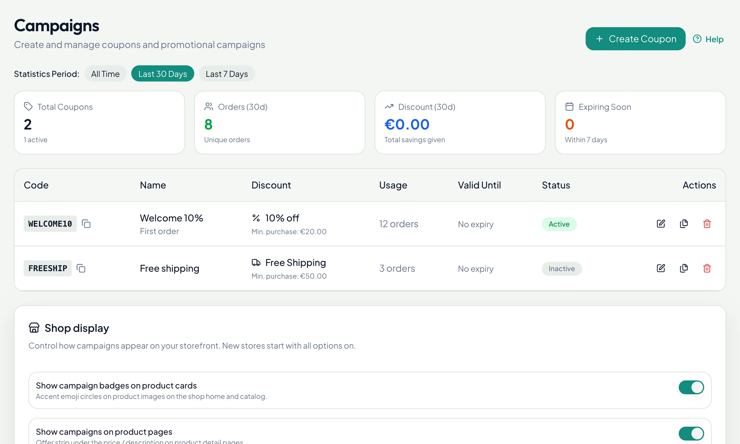 Coupons with usage stats and shop display controls