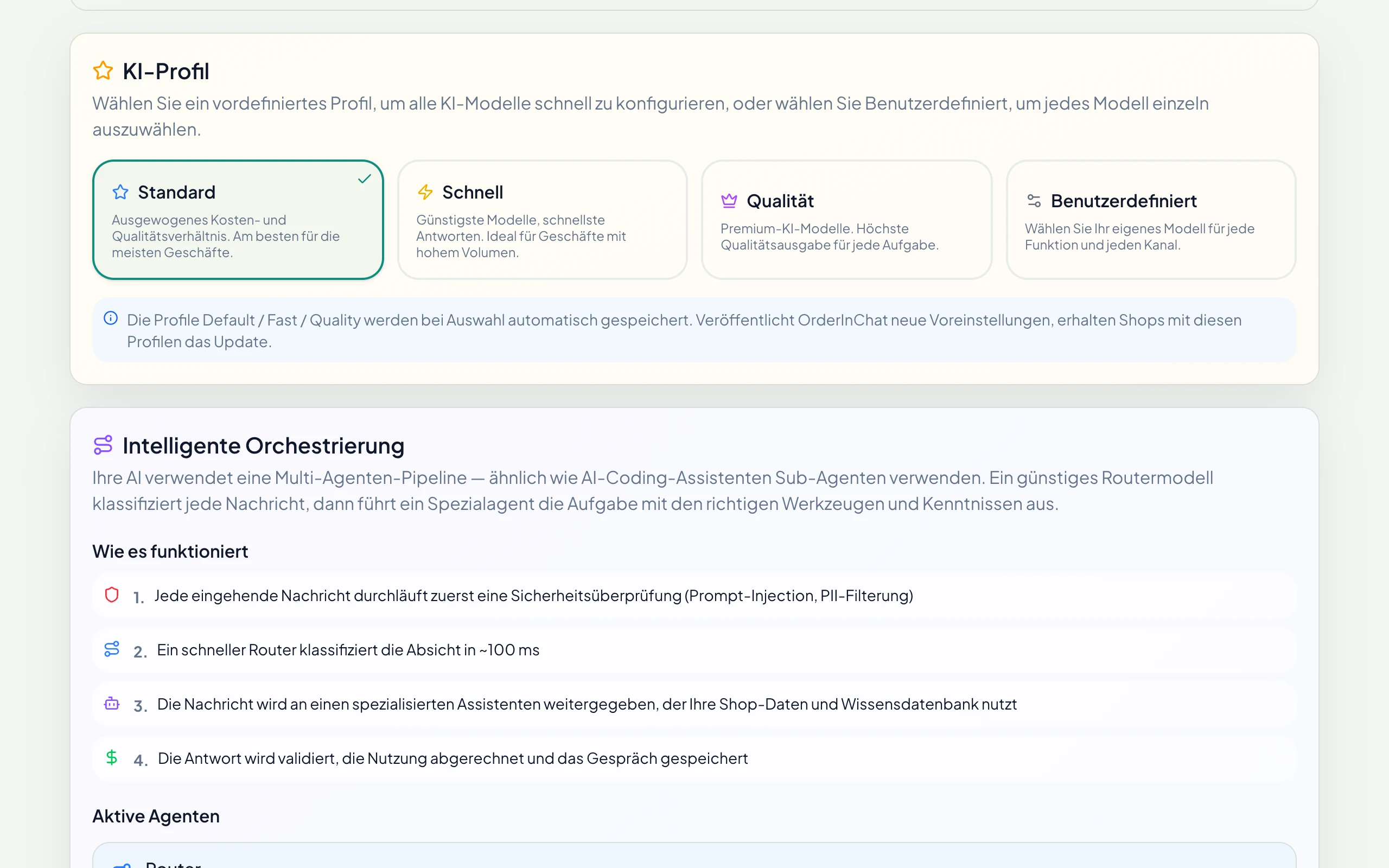 KI-Profil: Standard, Schnell, Qualität oder Benutzerdefiniert, mit einem Modell je Bereich