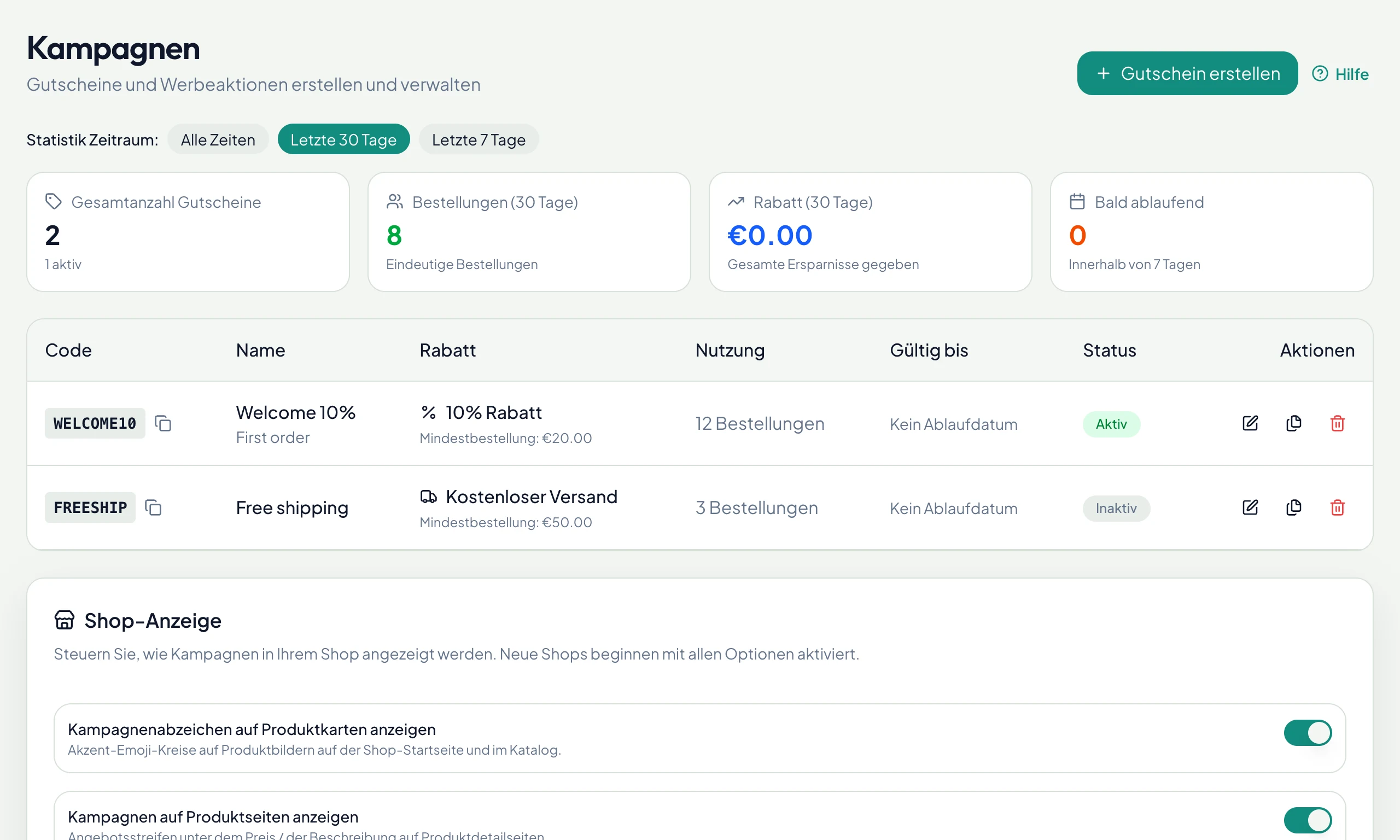 Gutscheine mit Nutzungsstatistik und Steuerung der Anzeige im Shop