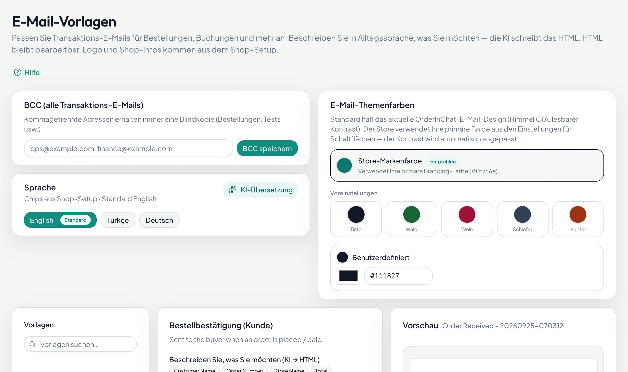 E-Mail-Vorlagen, von KI geschrieben, mit Live-Vorschau