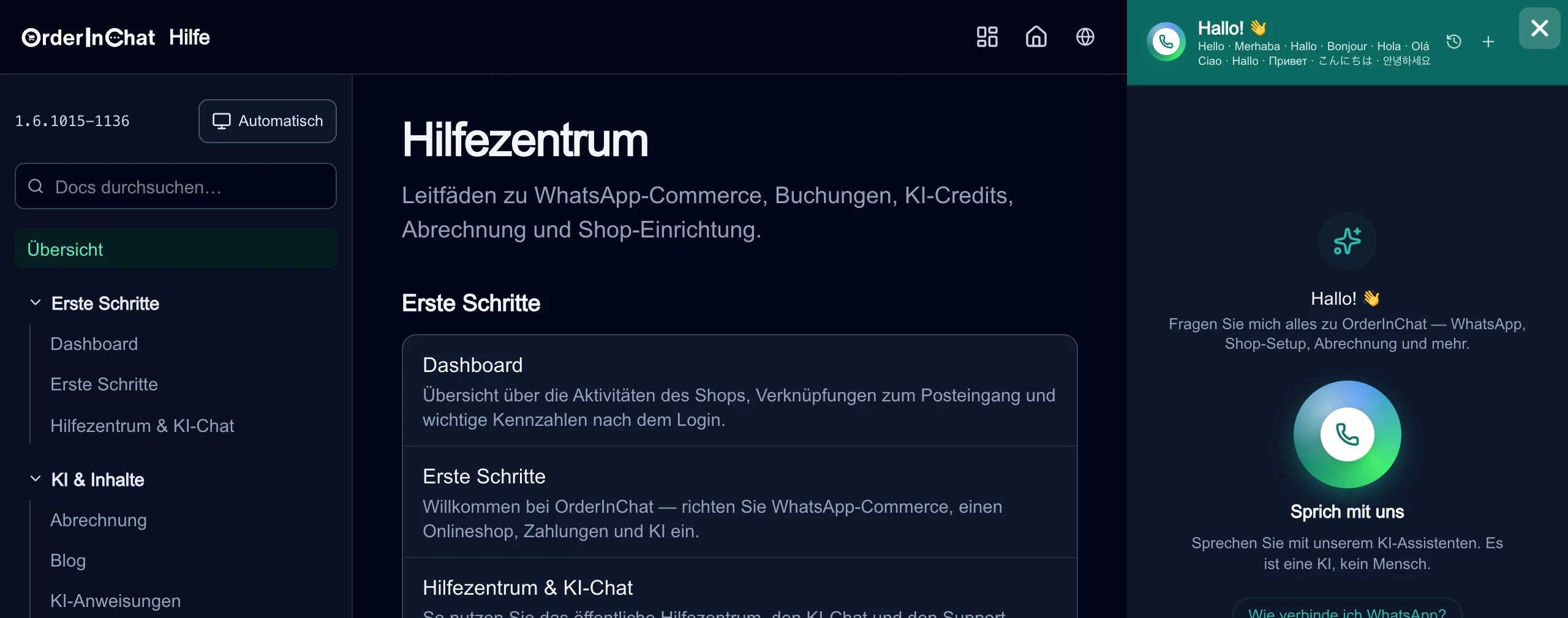 Hilfe-Center mit dem Anruf-Button