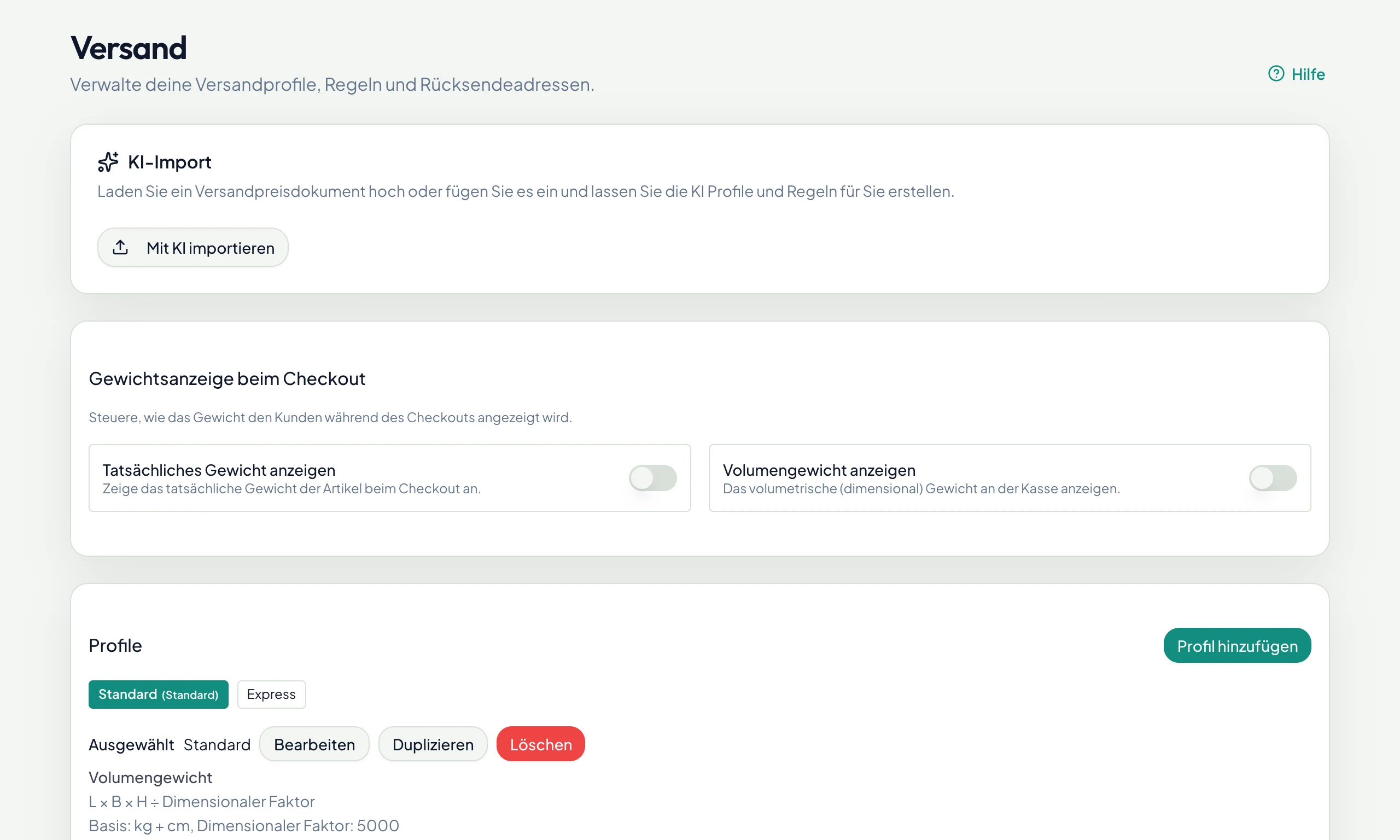 Versandeinstellungen: KI-Import, Profile und Regeln