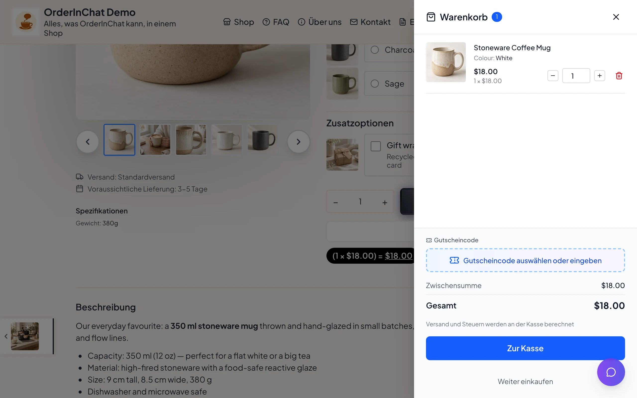 Der Warenkorb öffnet sich in Ihrem Shop