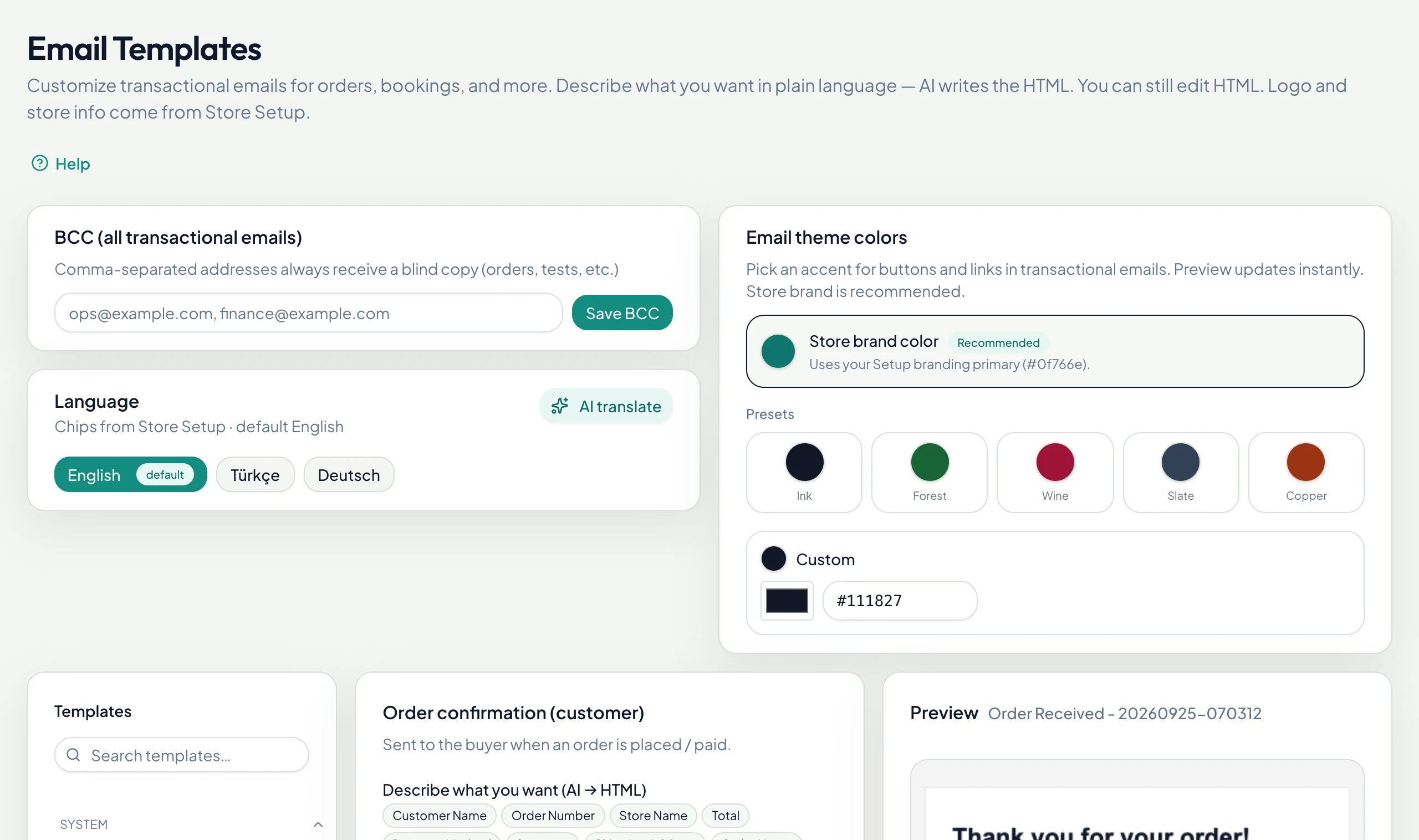 Email templates written by AI, previewed live
