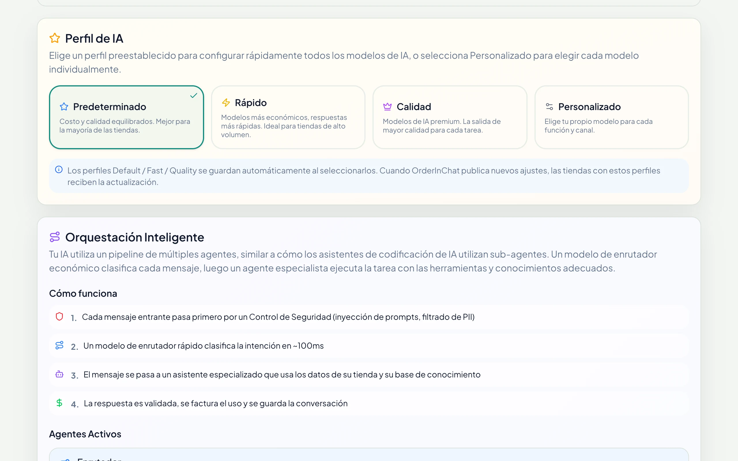 Perfil de IA: Predeterminado, Rápido, Calidad o Personalizado, con un modelo por sección