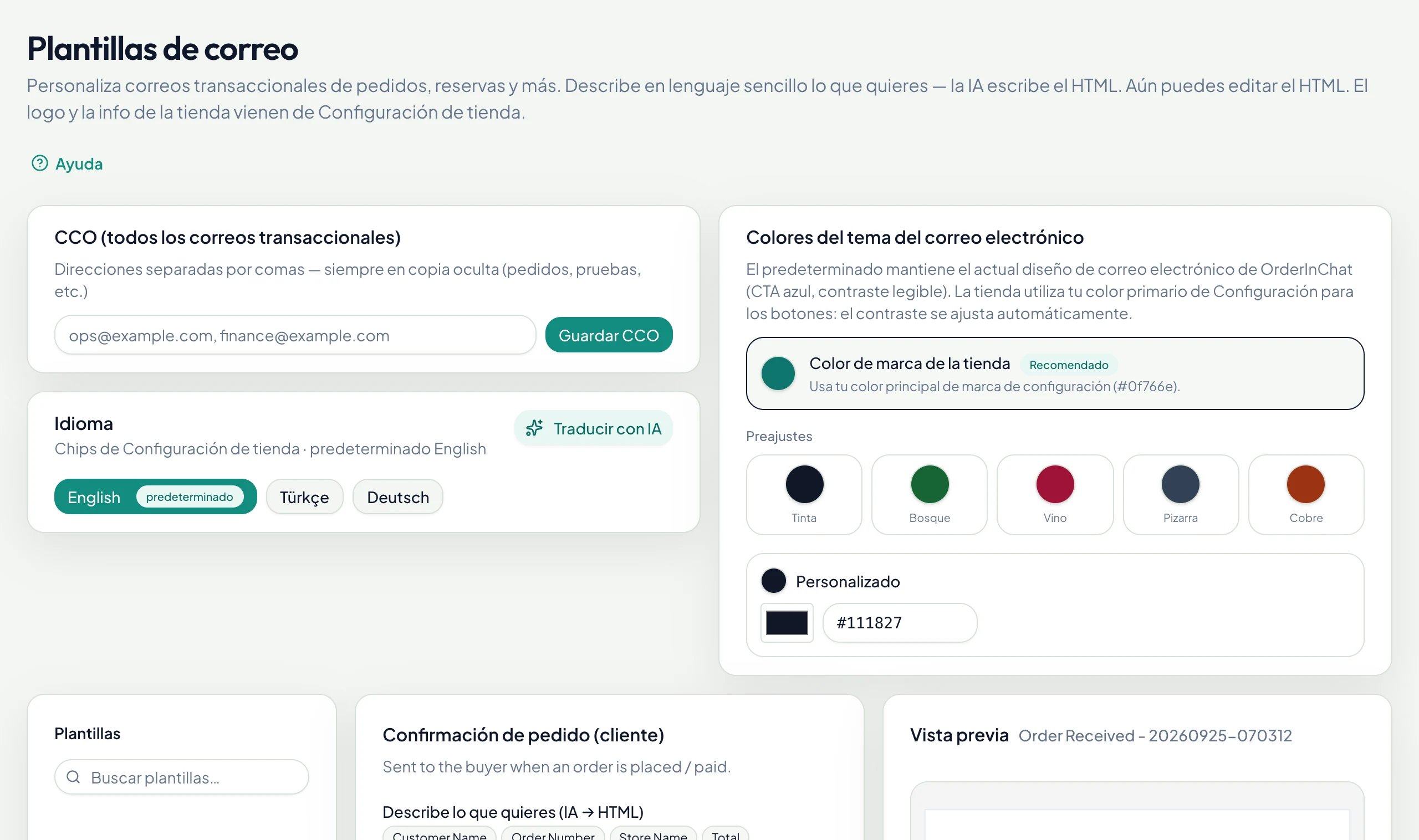 Plantillas de correo escritas por IA, con vista previa en vivo