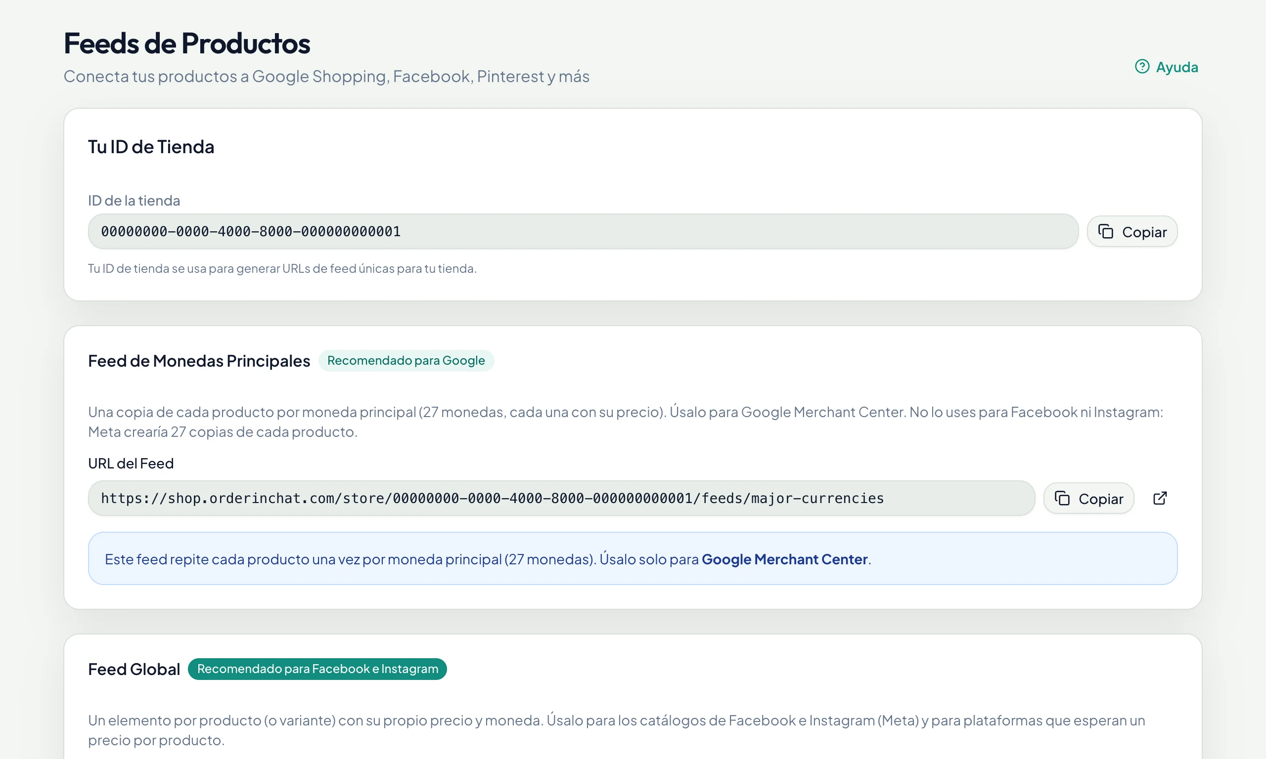 URLs de feeds de productos para cada marketplace