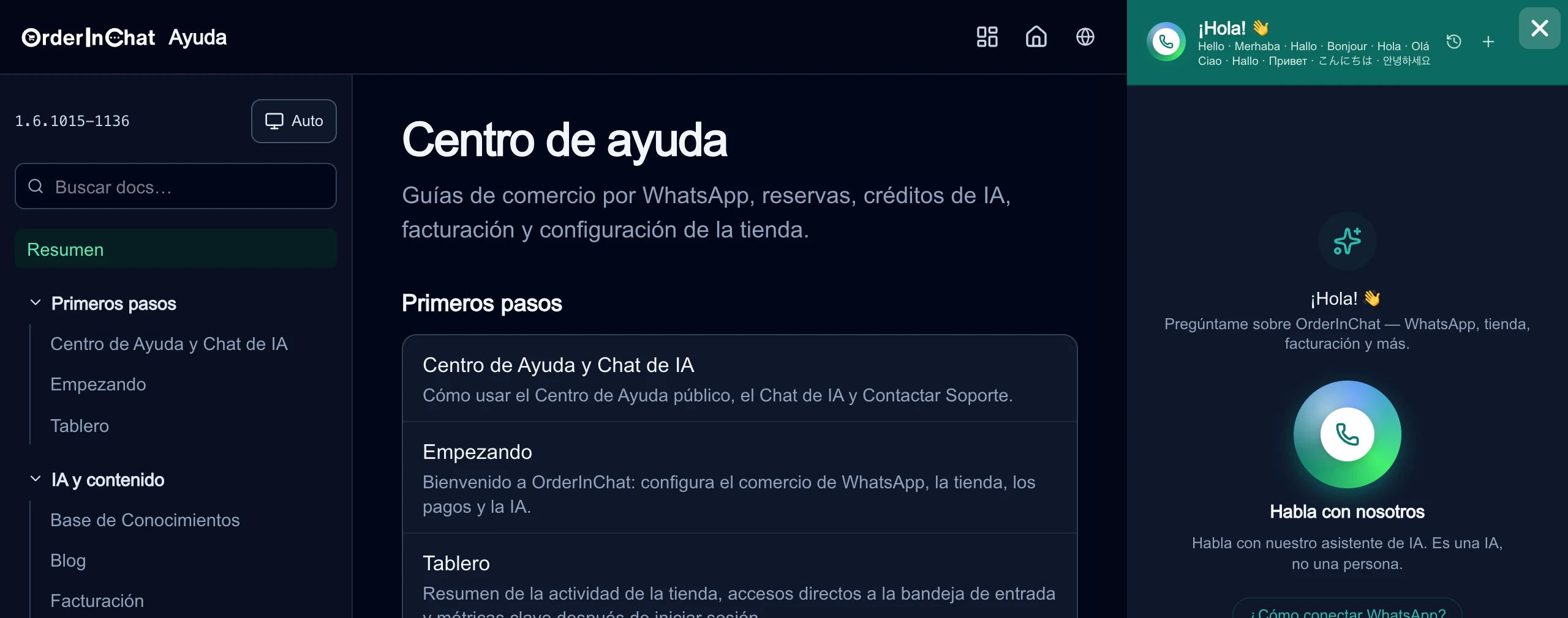 Centro de ayuda con el botón de llamada de voz