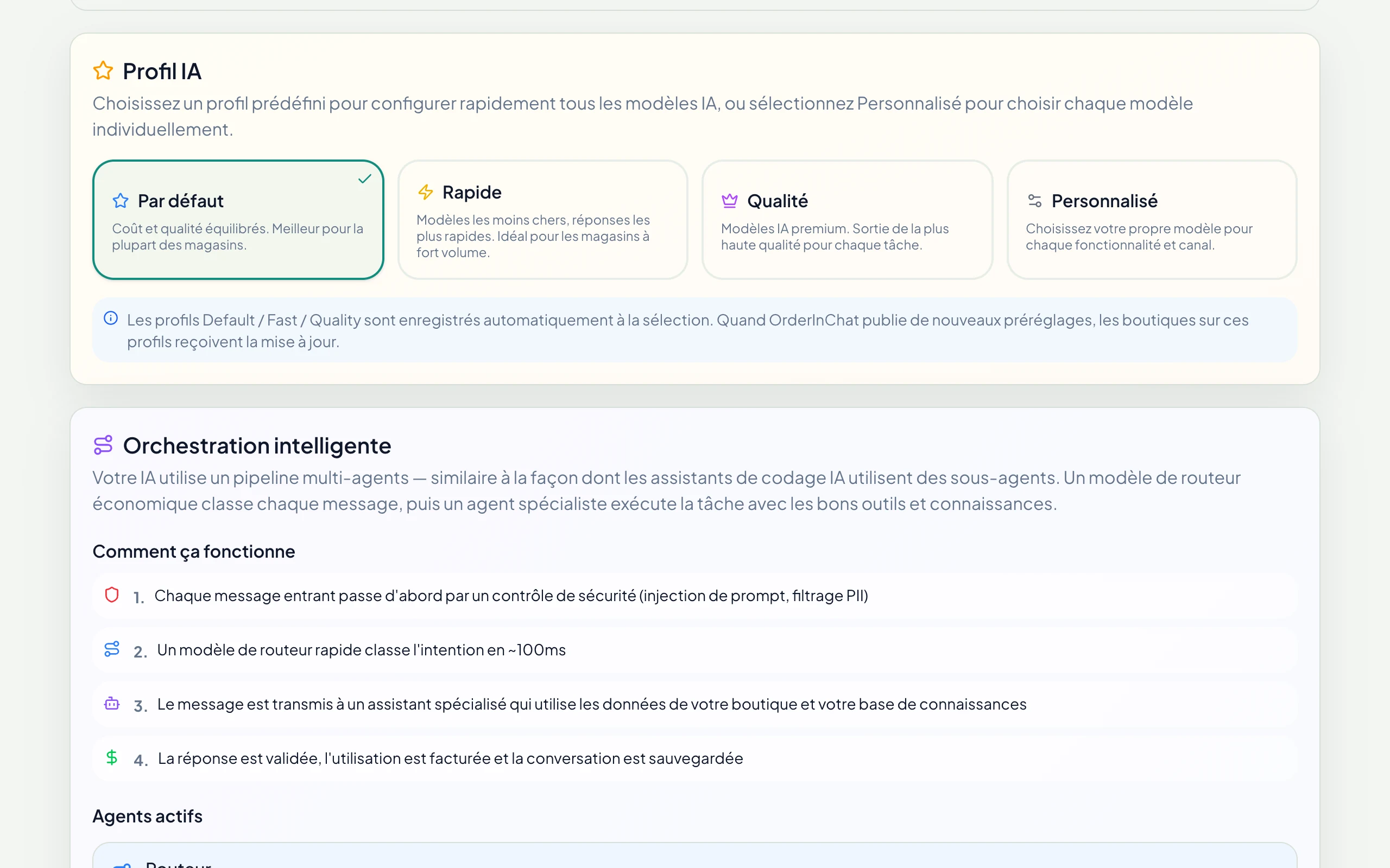 Profil IA : Par défaut, Rapide, Qualité ou Personnalisé, avec un modèle par section
