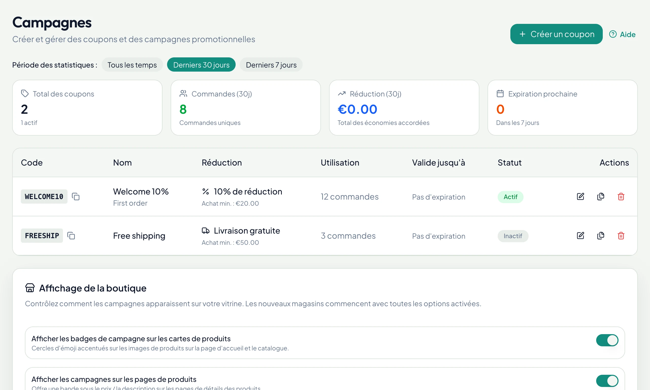 Codes promo avec statistiques d'utilisation et contrôle de l'affichage en boutique