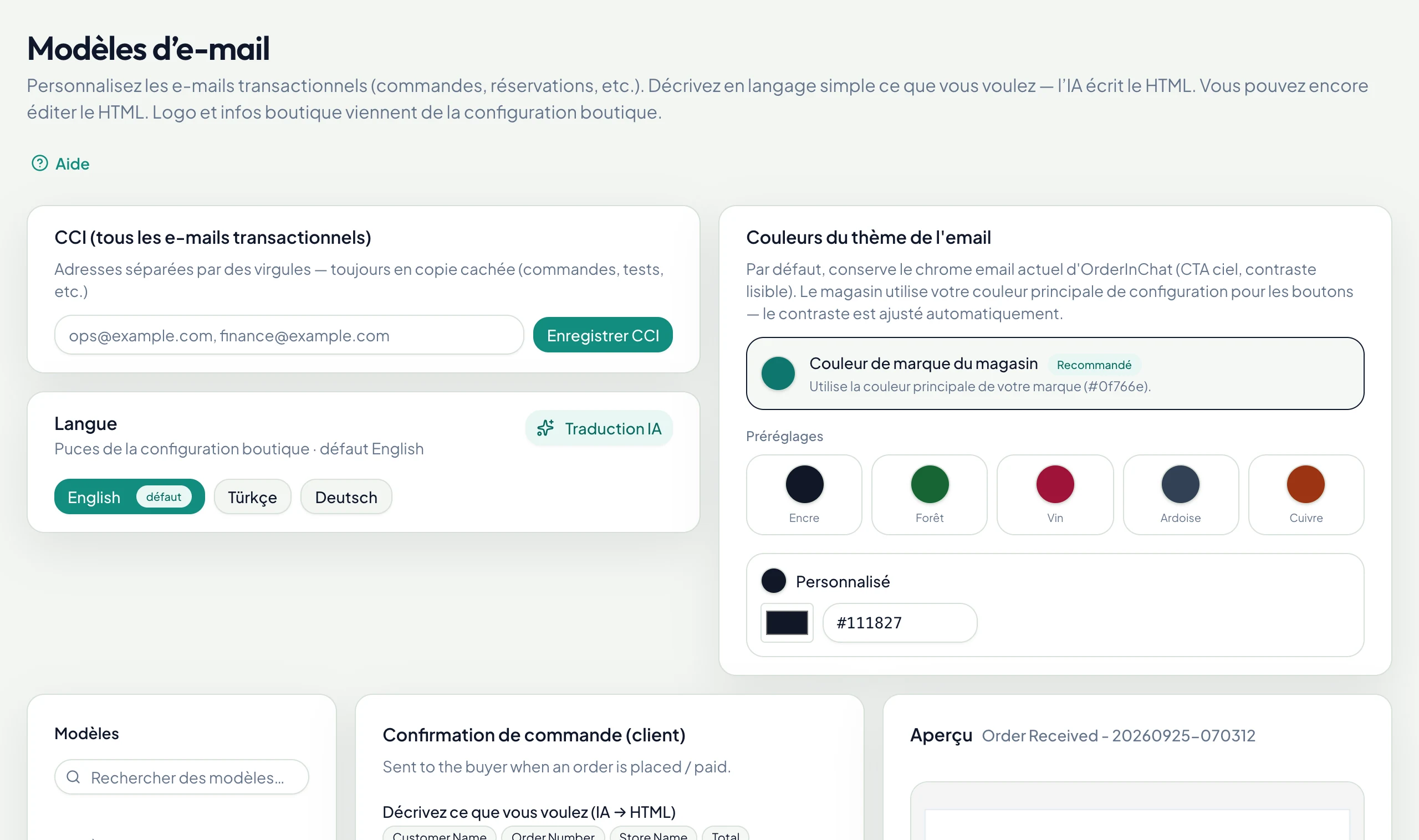 Modèles d'e-mails rédigés par l'IA, avec aperçu en direct