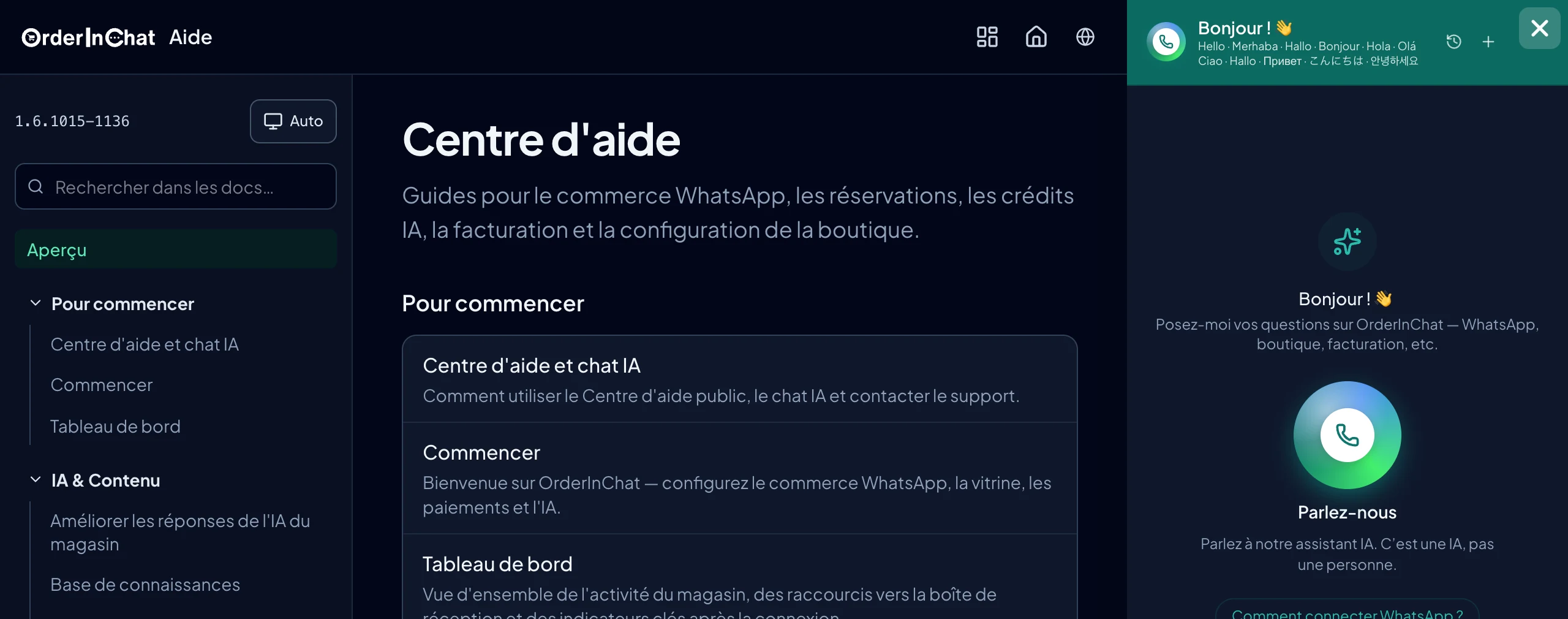 Centre d'aide avec le bouton d'appel vocal