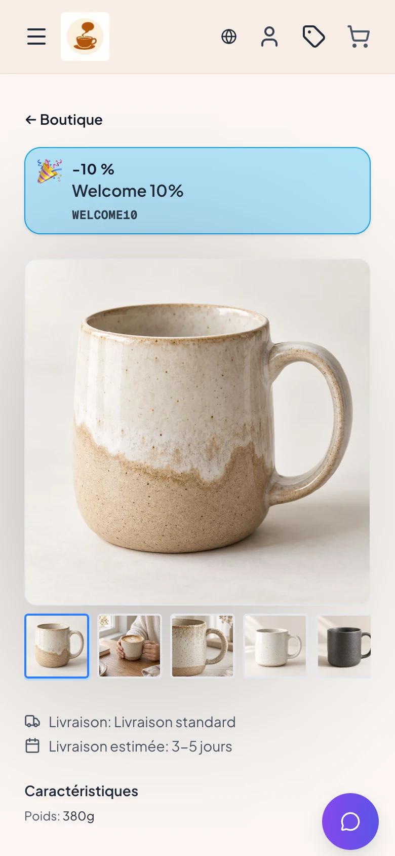 Page produit de la boutique de démo sur un téléphone