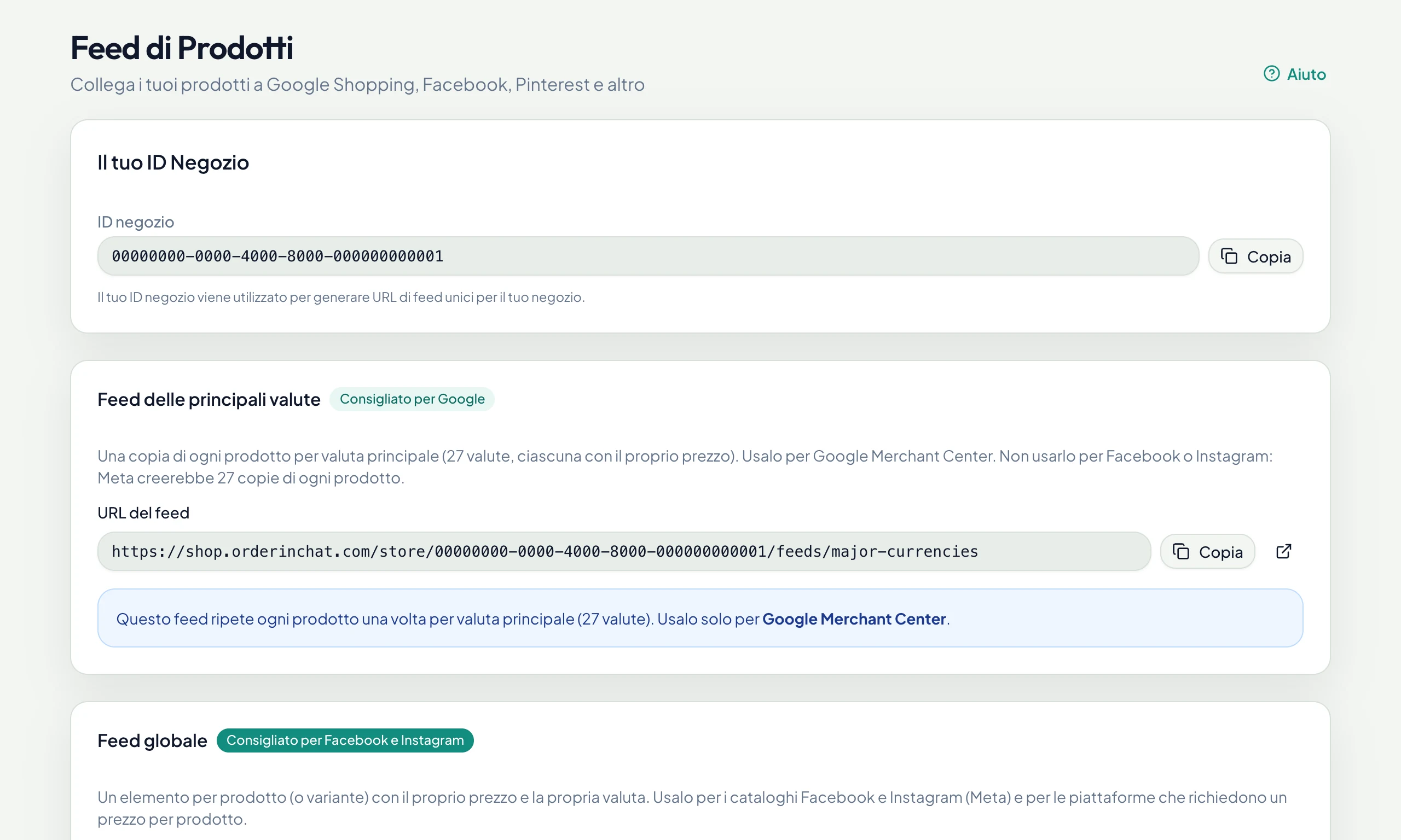 URL dei feed prodotti per ogni marketplace