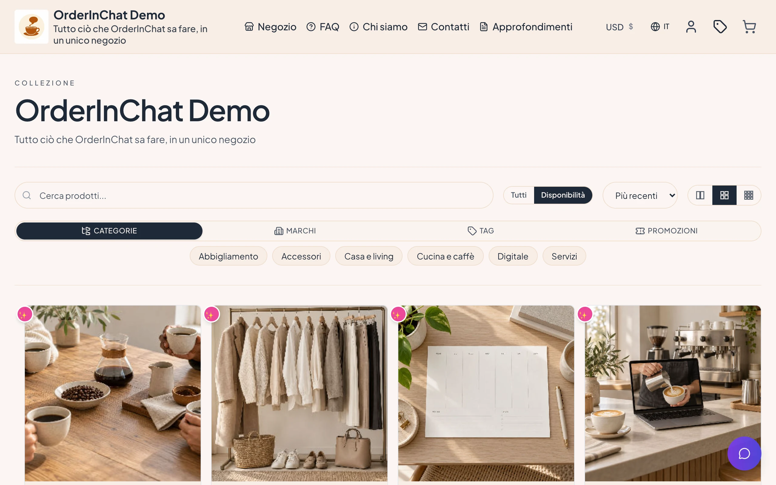 Pagina shop del negozio demo