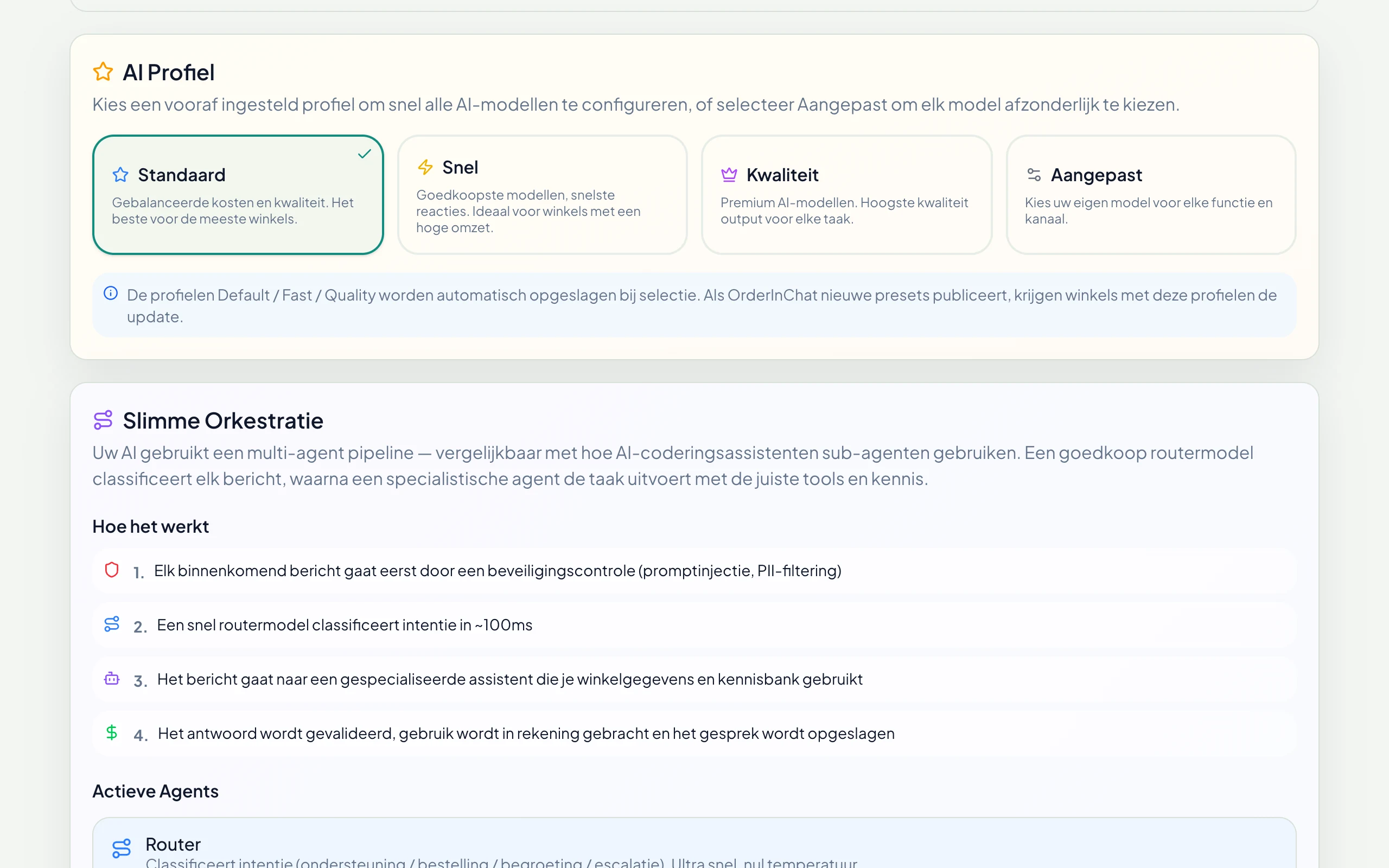 AI-profiel: Standaard, Snel, Kwaliteit of Aangepast, met een model per onderdeel