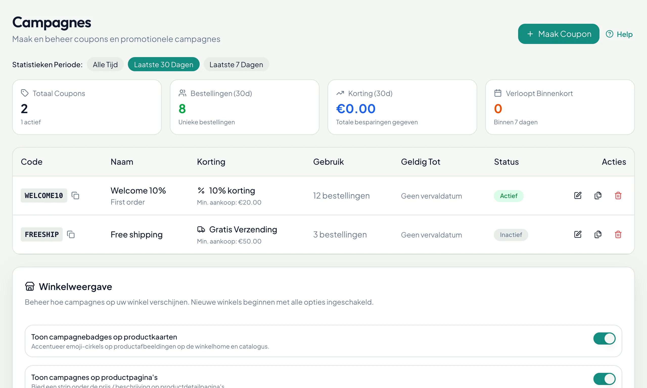 Kortingscodes met gebruiksstatistieken en weergave-instellingen in de webshop