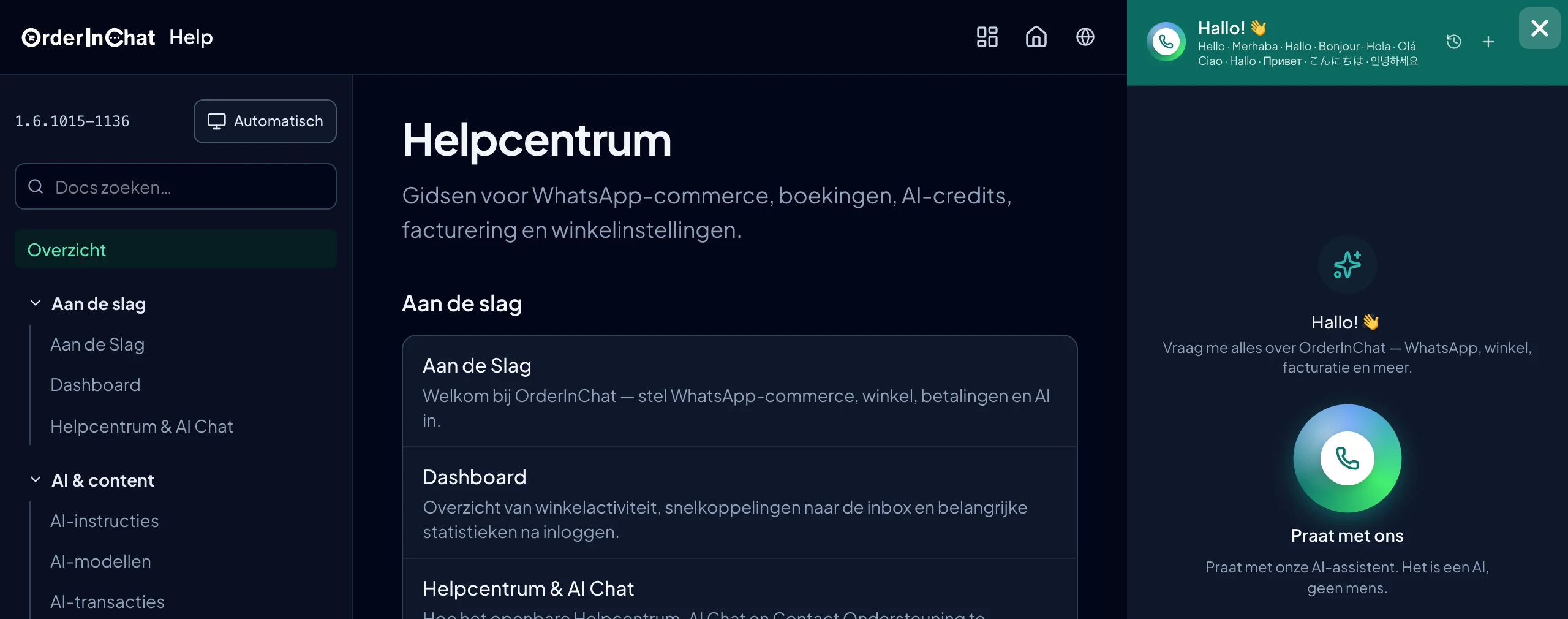 Helpcentrum met de knop voor een spraakgesprek