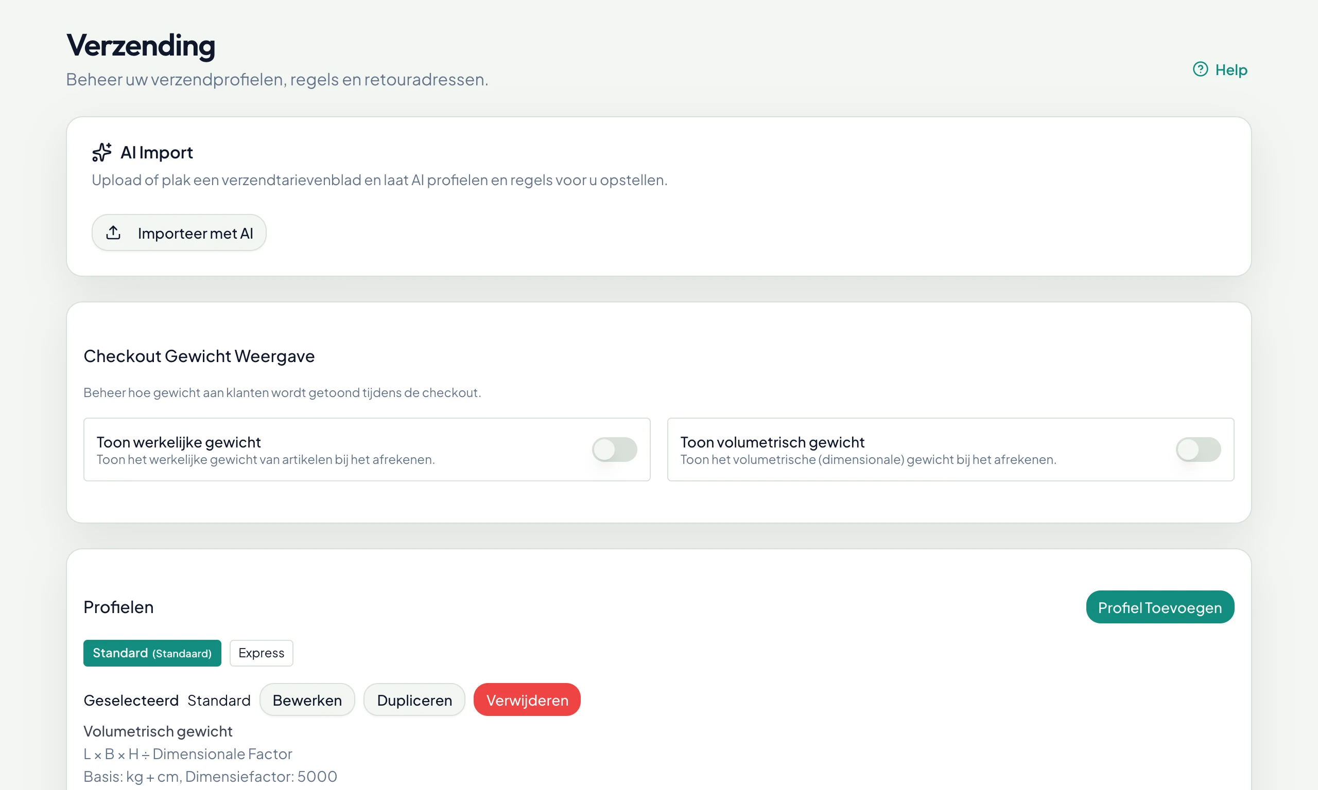 Verzendinstellingen: AI-import, profielen en regels