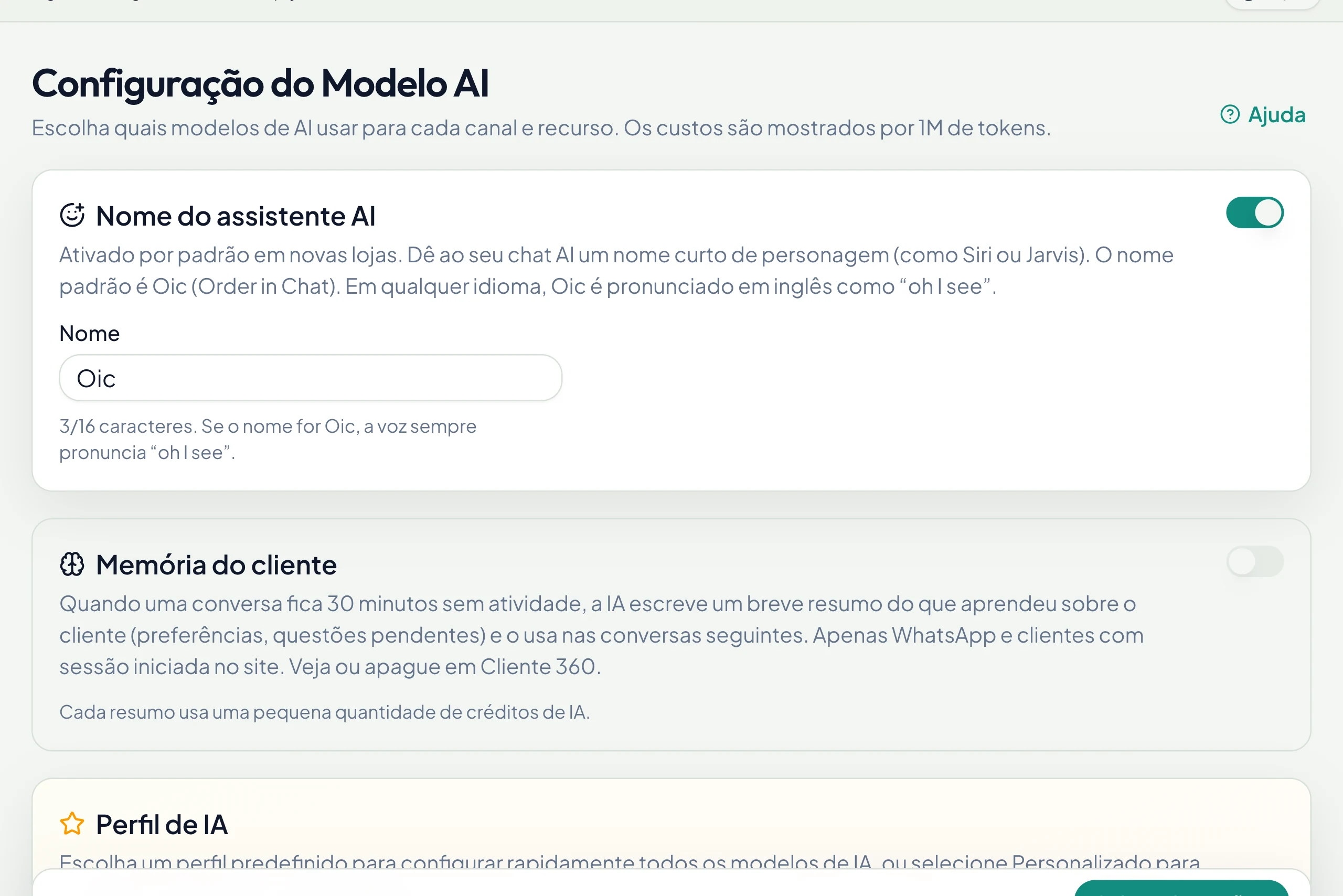Nome do assistente e memória de clientes na mesma página