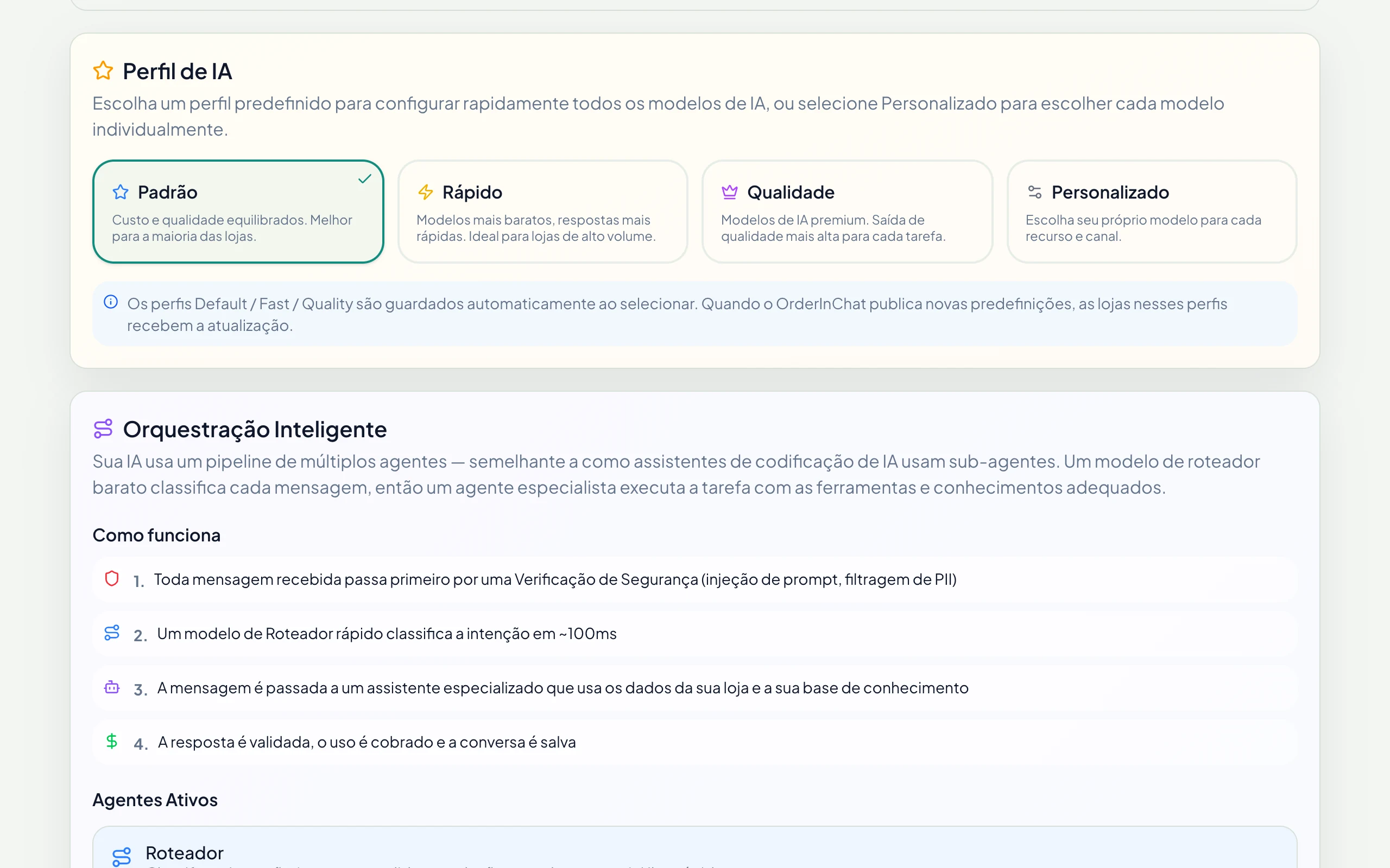 Perfil de IA: Padrão, Rápido, Qualidade ou Personalizado, com um modelo por seção