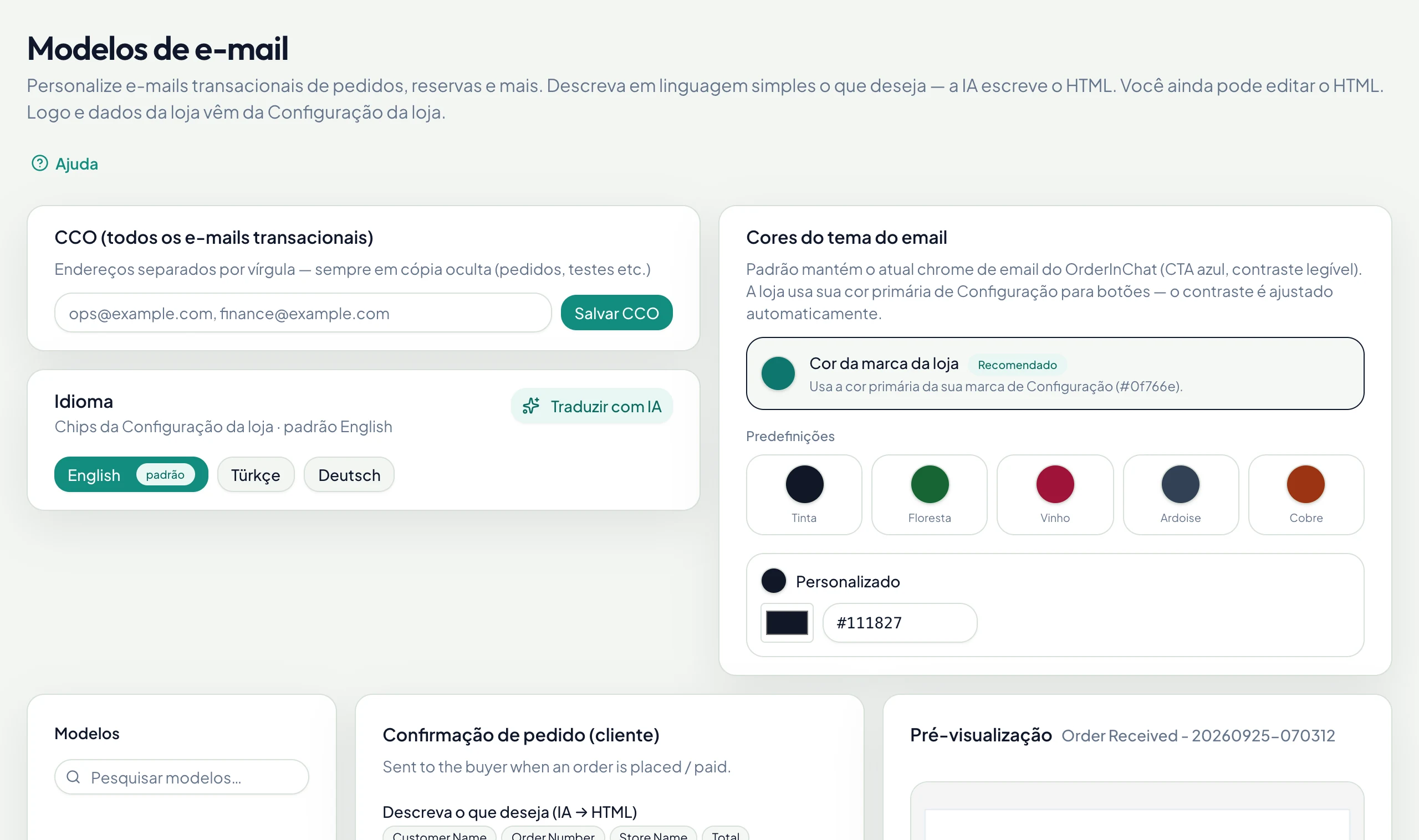 Modelos de e-mail escritos pela IA, com prévia ao vivo