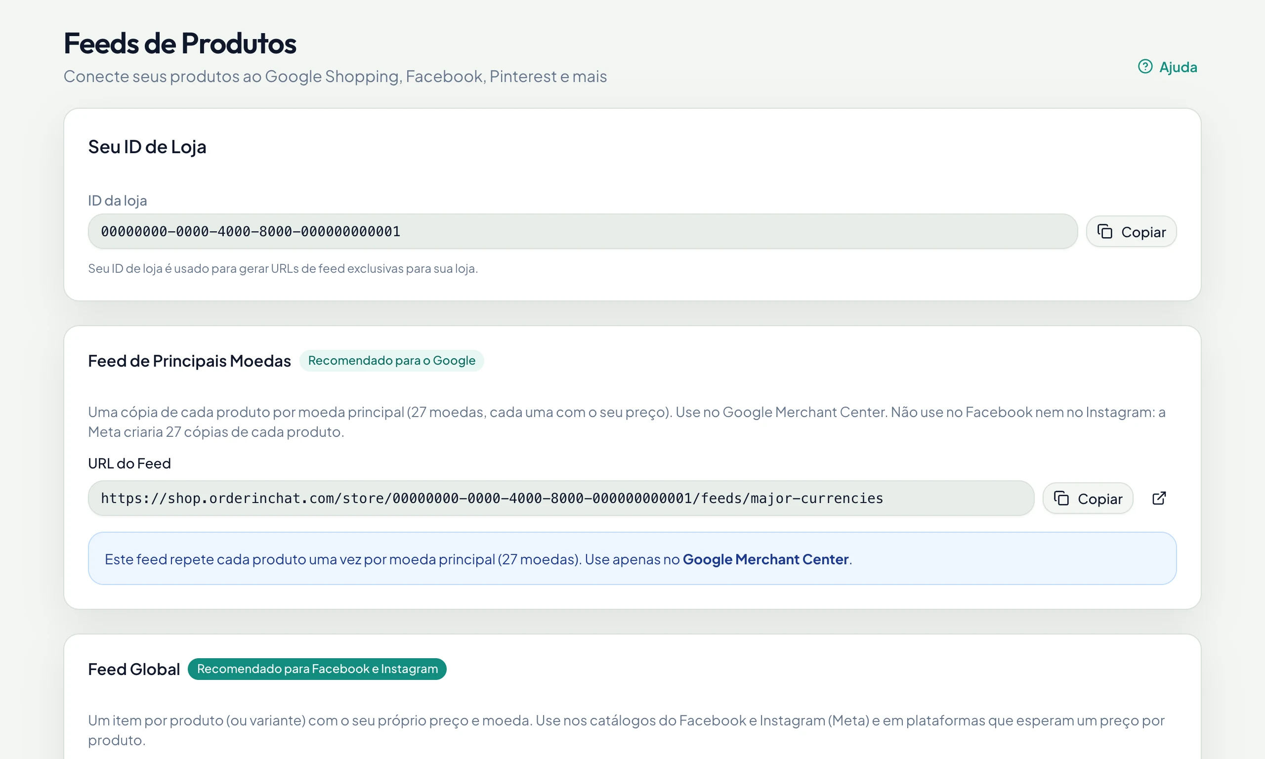 URLs de feed de produtos para cada marketplace