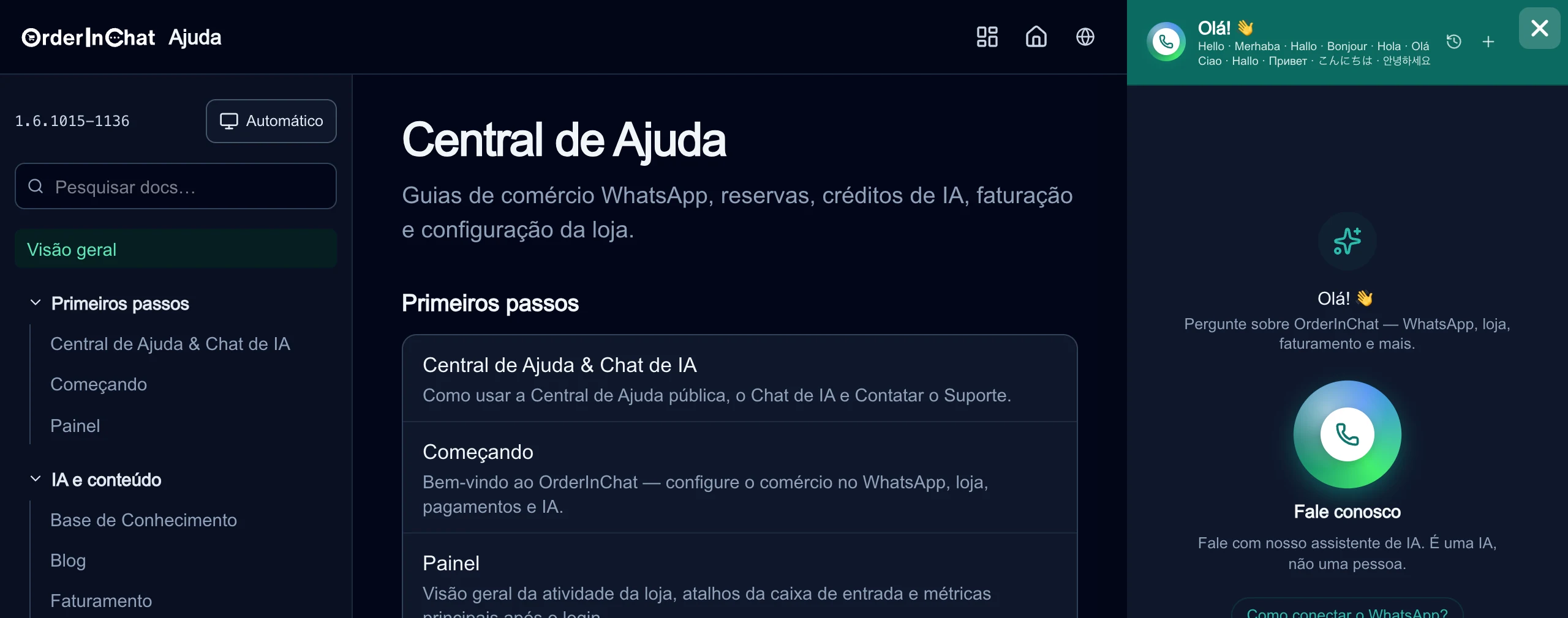 Central de Ajuda com o botão de chamada de voz