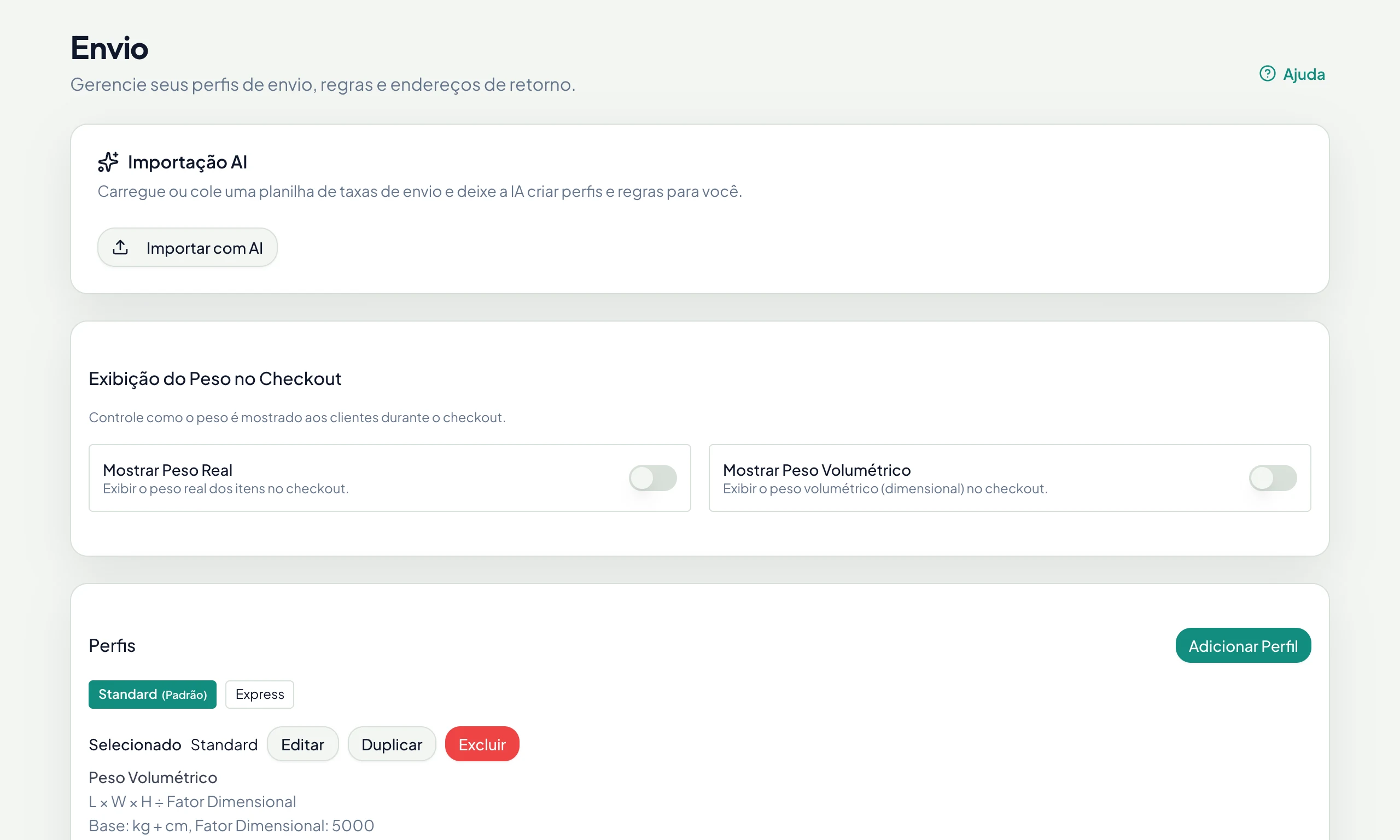 Configurações de frete: importação com IA, perfis e regras