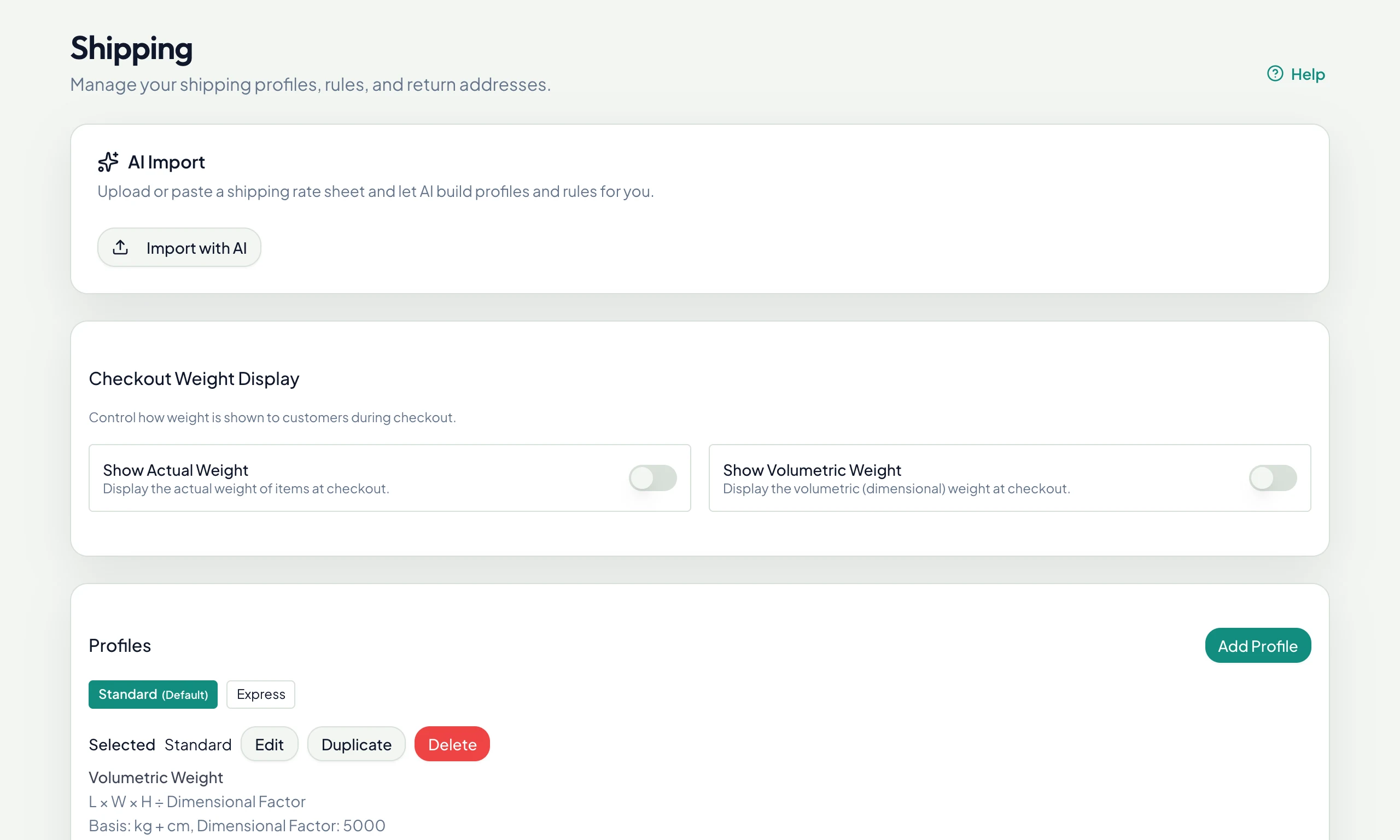 Shipping settings: AI import, profiles and rules