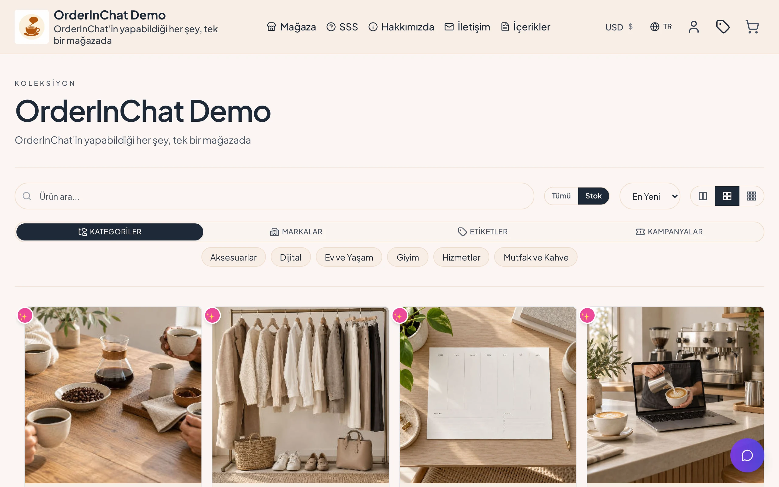 Demo mağazanın ürün listesi